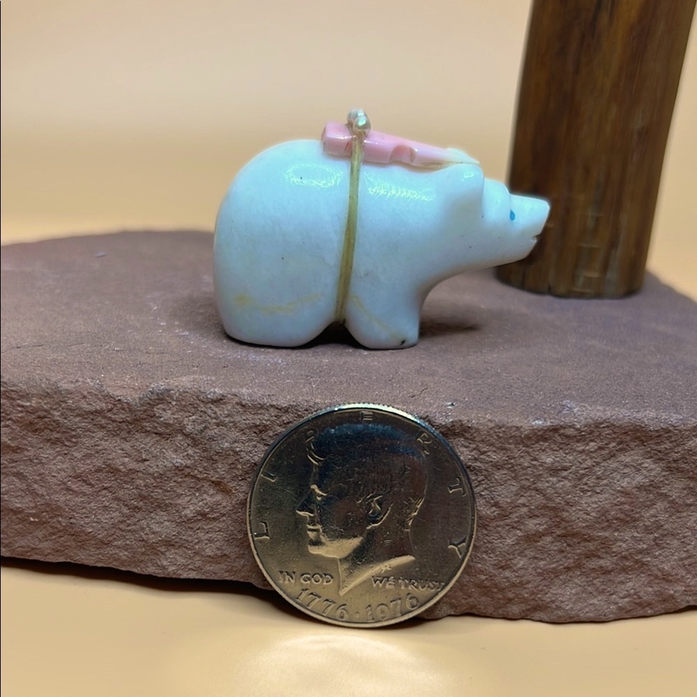 White Calcite Bear Figurine with Pink accent